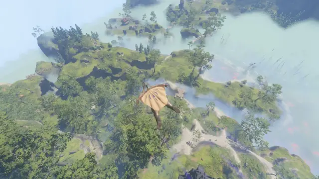 A Flameborn gliding above green plateaus and a blue mist-covered valley