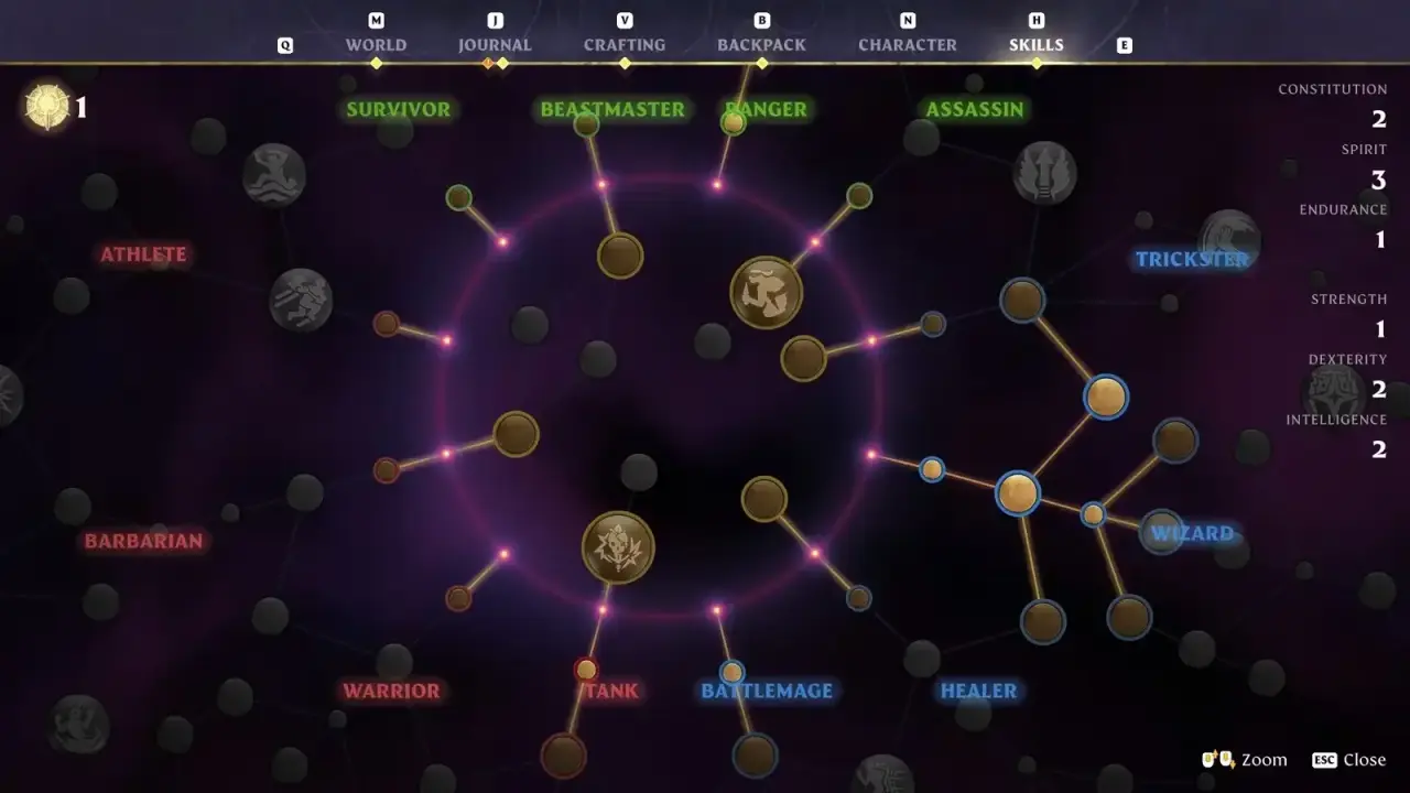 Enshrouded skill tree with connected branches for different playstyles