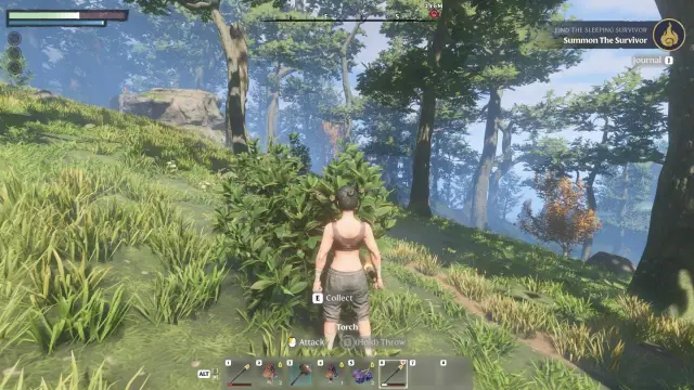 A Flameborn facing a harvestable green shrub