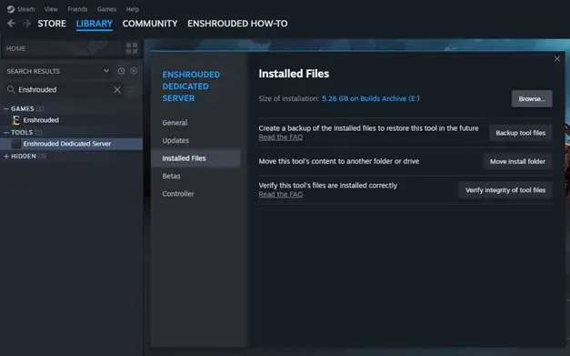 Steam properties and installed files for the dedicated server