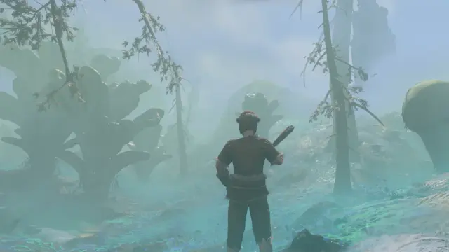 A Flameborn carrying an axe among bare trees inside the blue Shroud