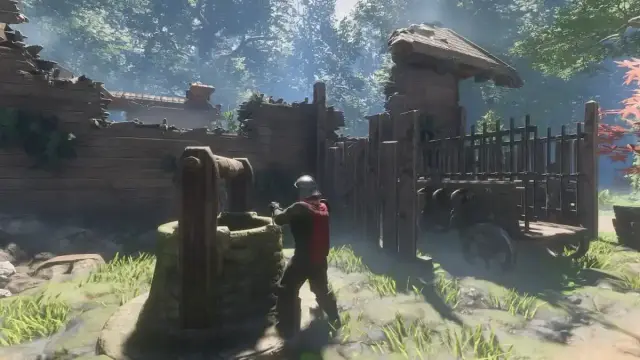 A Flameborn collecting water from a stone well in an old settlement