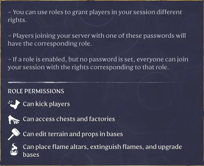 Role permissions help panel explaining role passwords and base editing rights