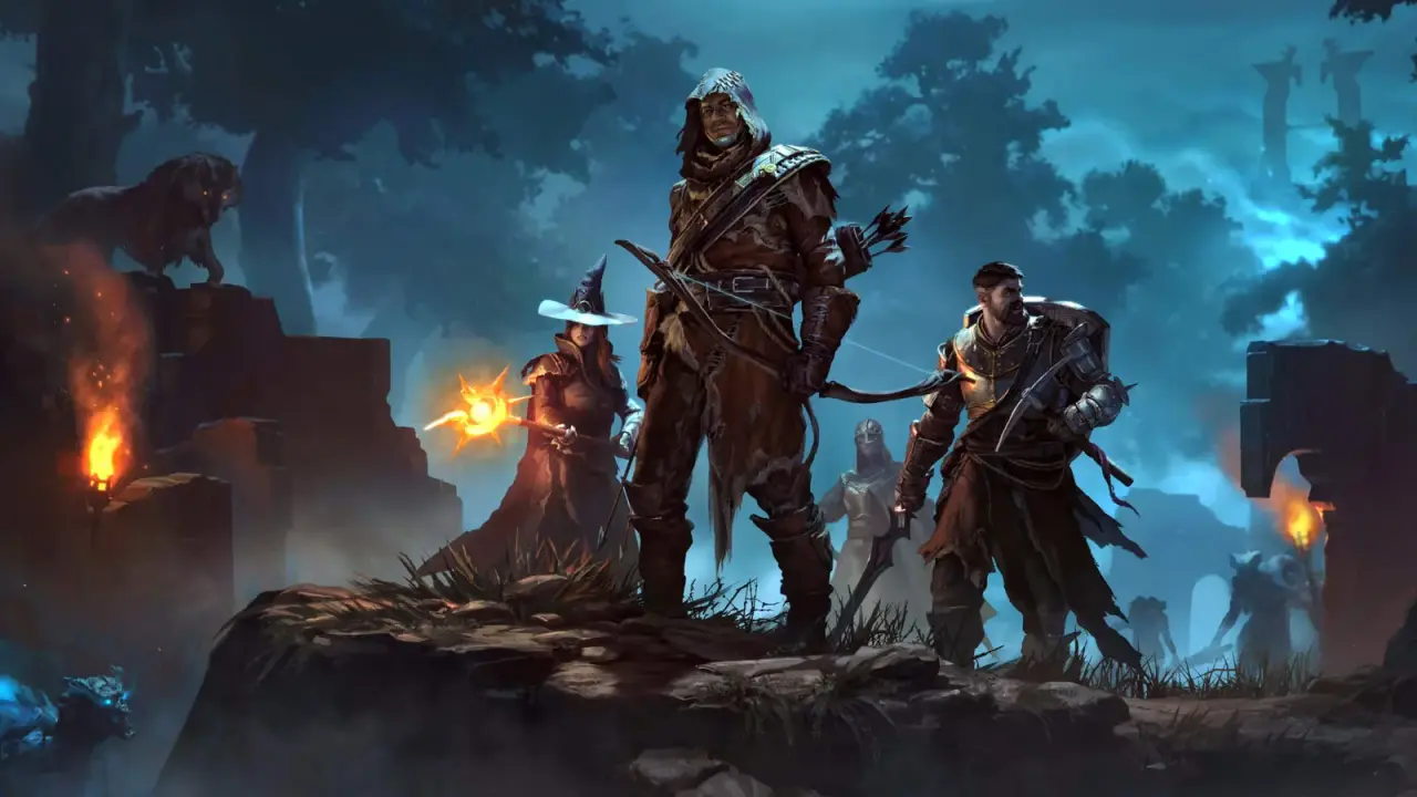 Illustrated Flameborn adventurers in a blue mist-covered forest