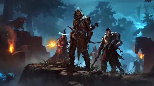 Illustrated Flameborn adventurers in a blue mist-covered forest