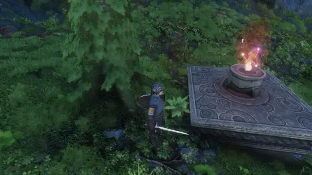 A Flameborn beside a lit Flame Altar in a forest