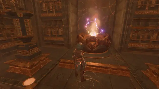 A golden Flame Shrine brazier with purple sparks inside an ancient chamber