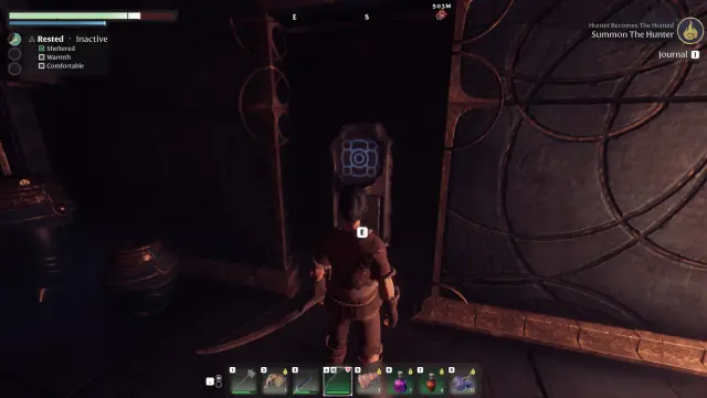 A Flameborn facing a glowing square button inside the Hunter Vault